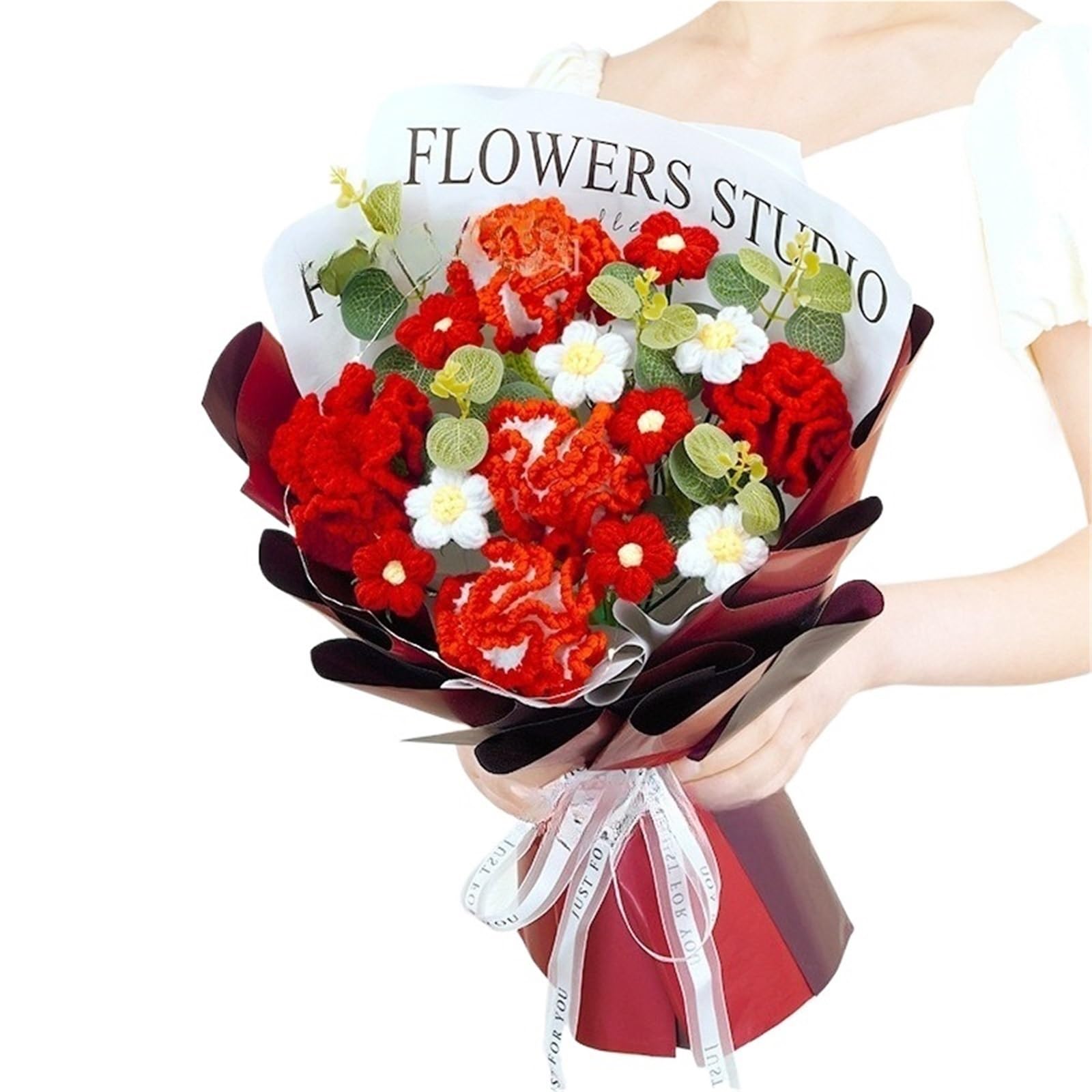 ZHSOAO Gift Bouquet Finished Product Handmade Knitted Simulation Flower for Weddings Birthdays(Color3)