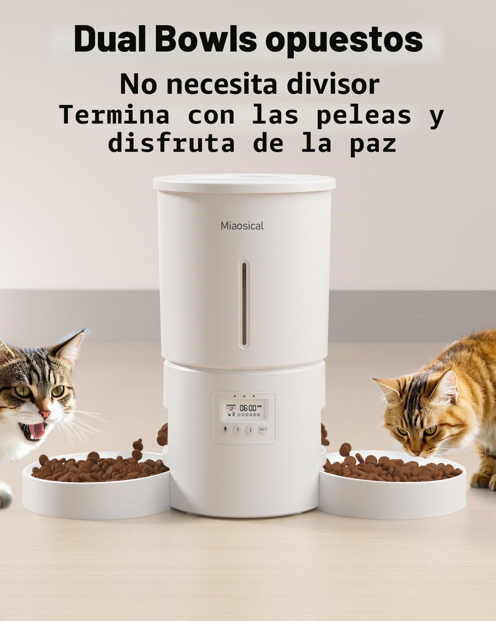 Miaosical Comedero automático para Gatos con Doble tazón para 2 Gatos, Gatitos y Perros pequeños (Blanco, 4,2 l, básico, 2 Cuencos)