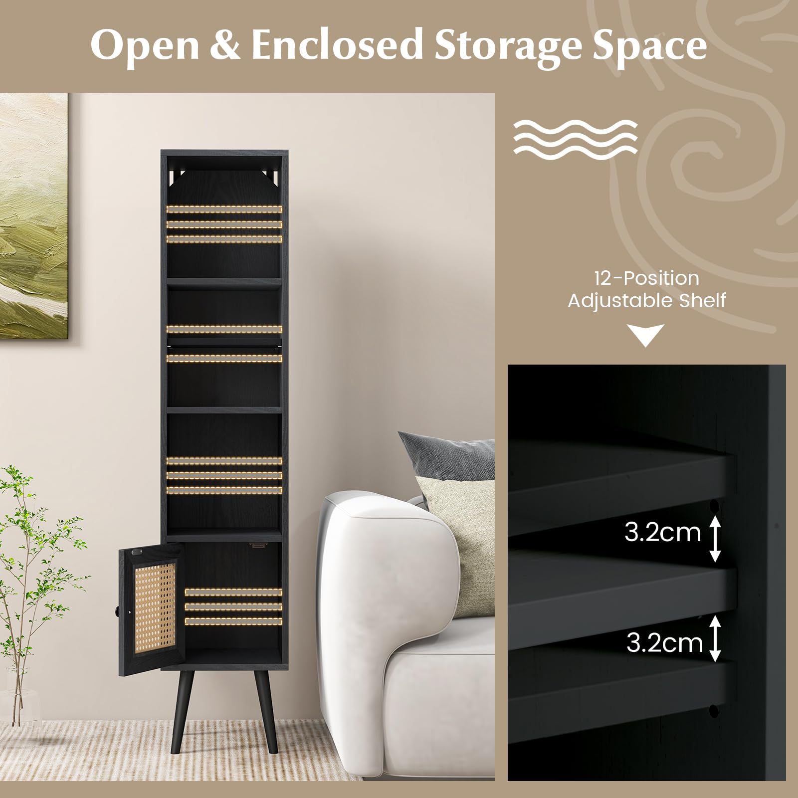 GIANTEX Armoire Autoportante avec Porte en Rotin, Meuble Colonne de Rangement avec Étagère Réglable, Bibliothèque sur Pied avec Dispositif Anti-basculement, pour Salon, Salle d’Étude (Noir)