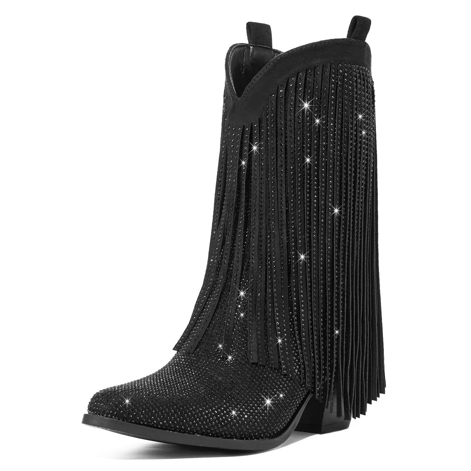 Rollda Rhinestone Cowboy Boots for Women Sparkly Cowgirl Boots with Pointed Toe Fringe Womens Western Boots Chunky Heel