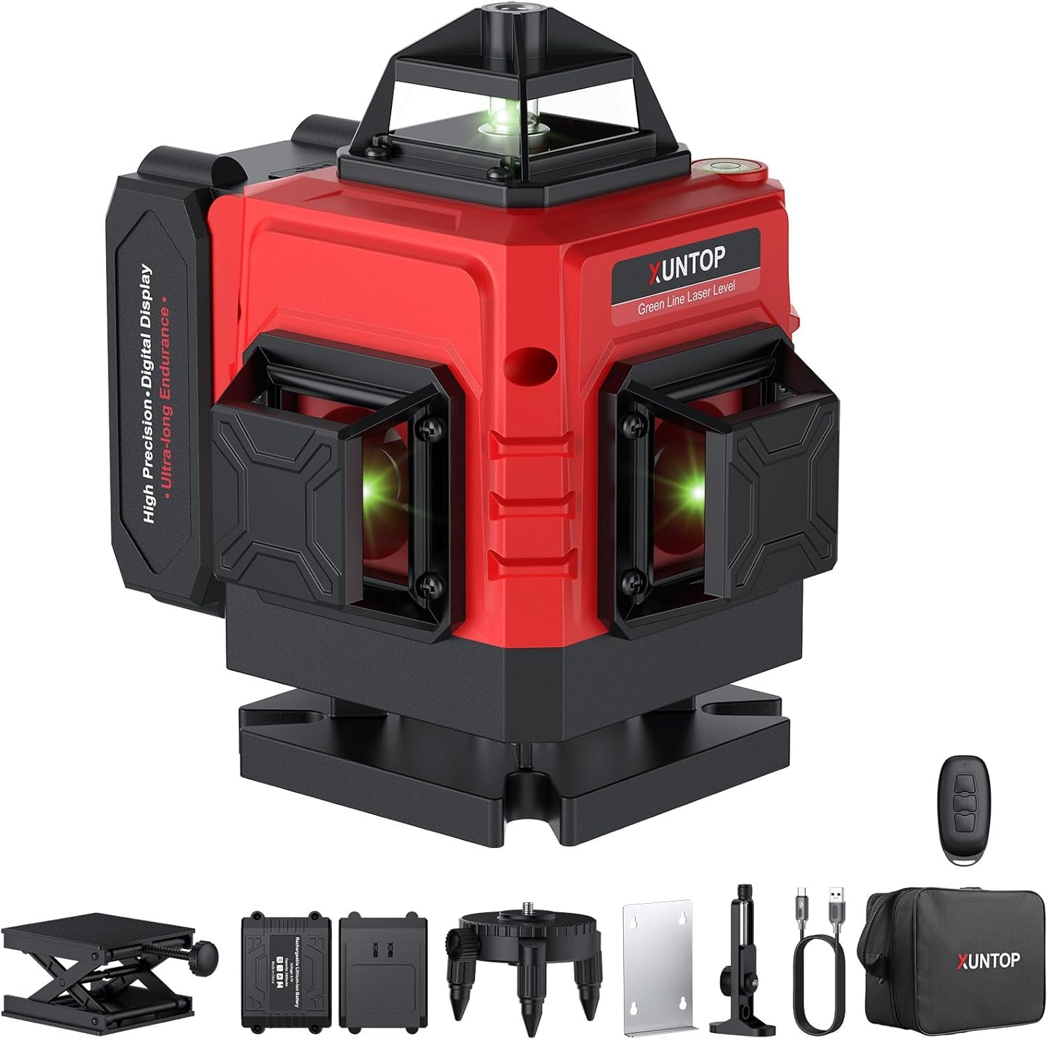 XUNTOP Laser Level, 4×360° 16 Lines Green Self Levelling Laser with LED Display, Remote Control, Pulse Mode, IP54 Waterproof Lazer Level Tool for Tiling, Ceiling, Cabinet Installation Indoor Outdoor