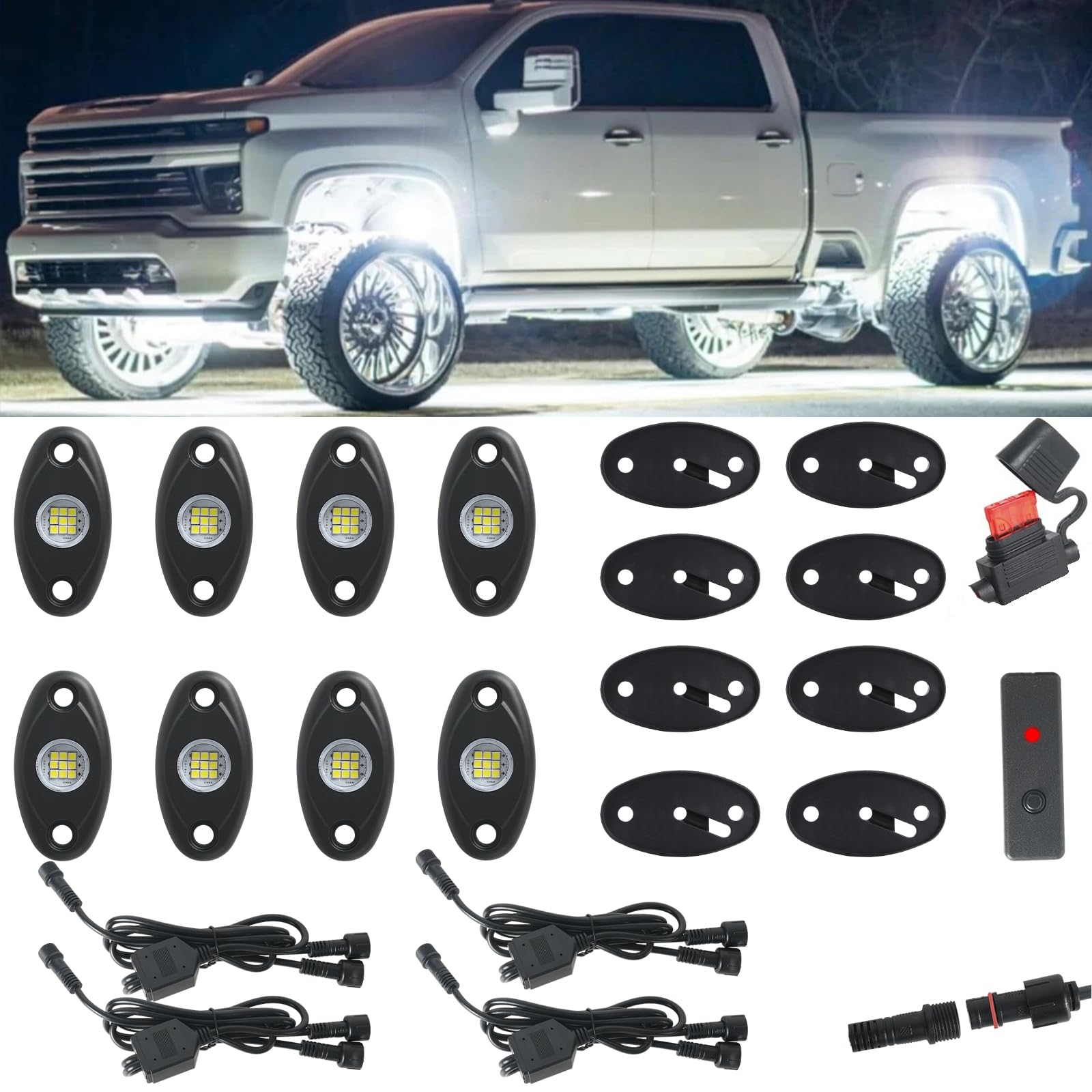 8pods White Rock Lights Dc 12v 6000k Aluminum Alloy Pure White Led Rock Lights with Switch Wiring Harness Kit Ip68 Waterproof for Trucks Pickup Off-Road Cars SUV Utv ATV Rv RZR Underglow Lights
