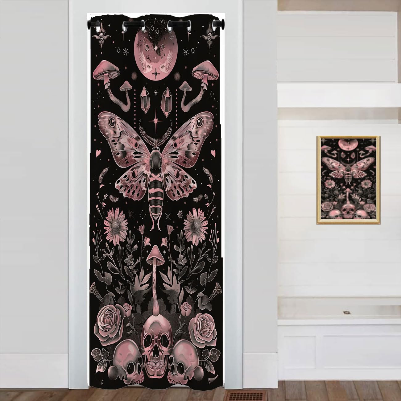 Chaohuan Skull Hippie Mushroom Door Curtain, Aesthetic Moth Moon Stars Room Darkening Blackout Curtain for Privacy Bedroom Doorway Living Room, 1