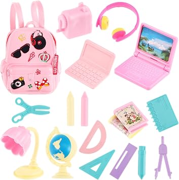 18pcs Mini Doll School Supplies Kids Play Miniature Plastic Stationery Set Model Backpack Laptops Book Paper Ruler Scissors Doll House Accessories Set