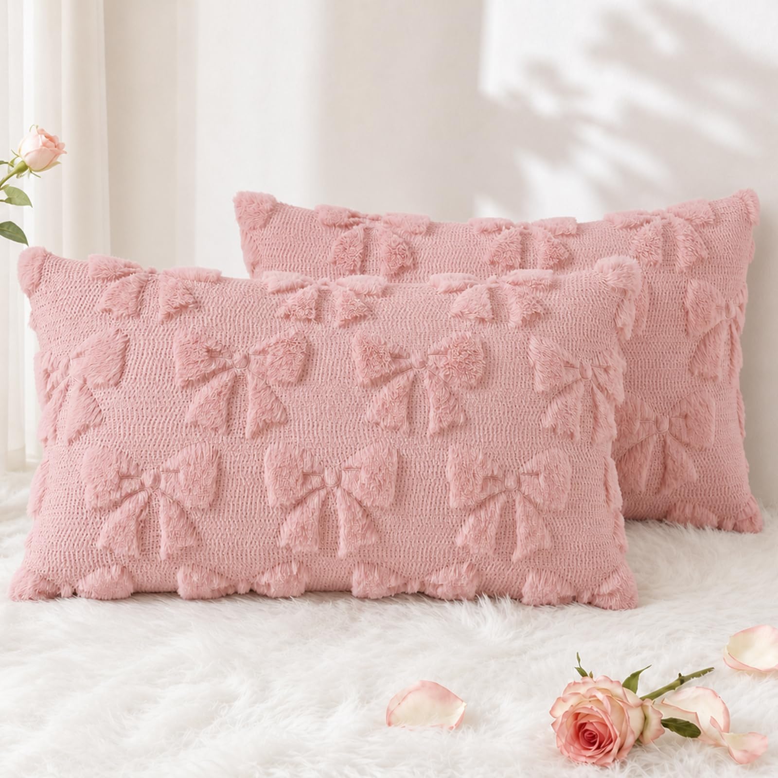 decorUhome Pink Bow Cute Girl Faux Fur Throw Pillow Covers 12x20 Set of 2