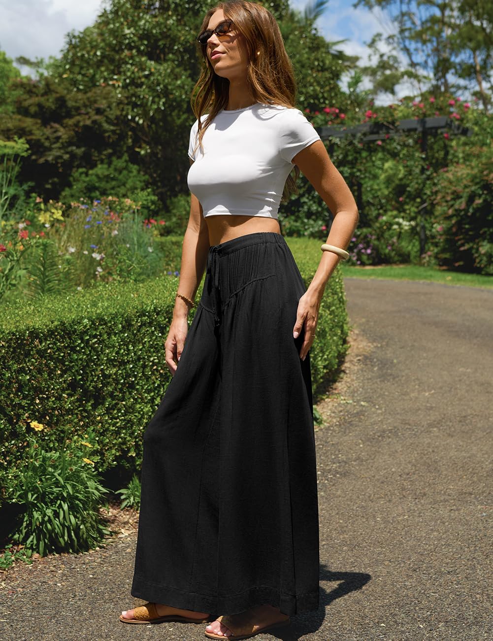 TARSE Women Linen Wide Leg Pants Palazzo High Waisted Boho Loose Casual Lounge Pant Beach Travel Vacation Outfits - Image 4