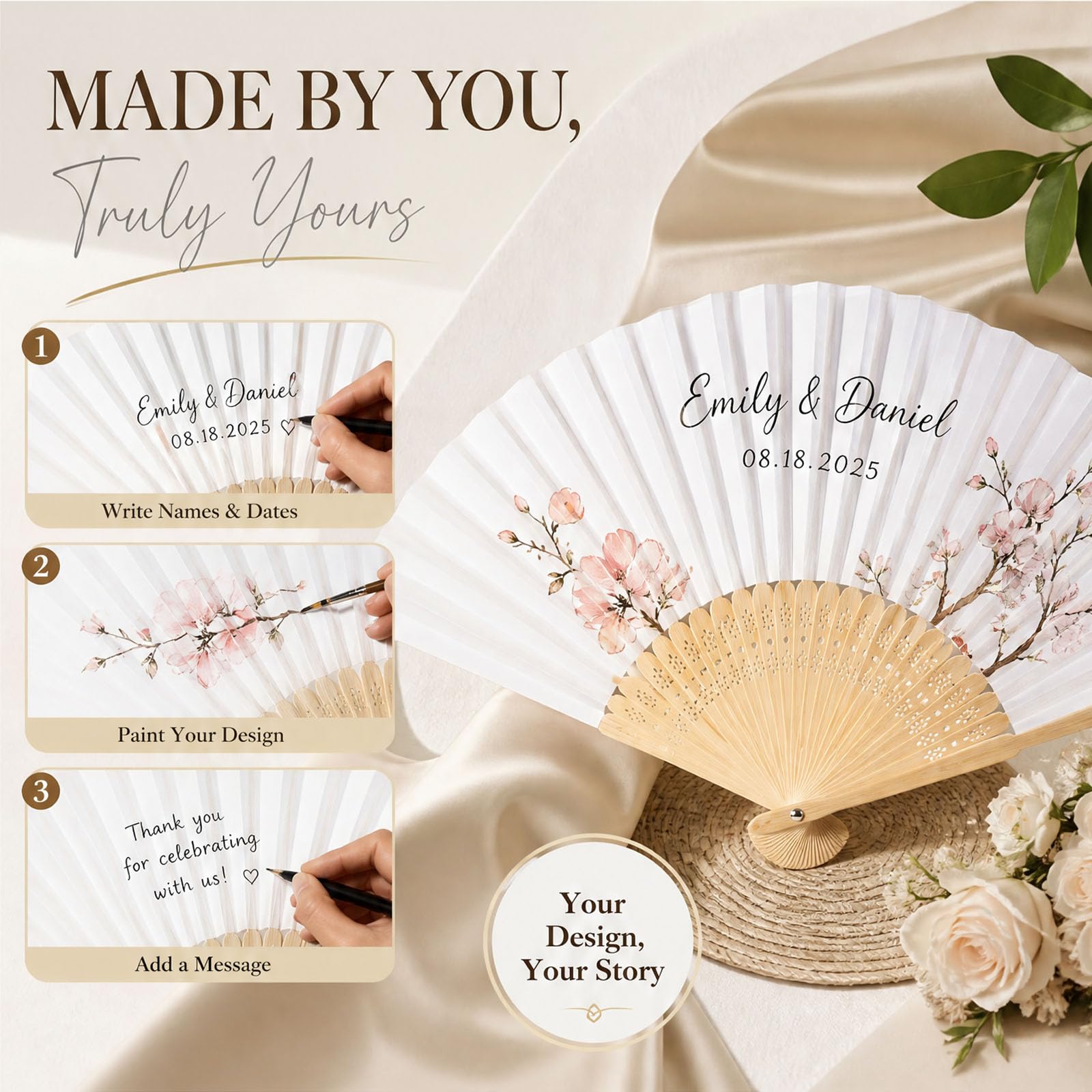 48pcs Eventail Mariage Personalisable Eventail Blanc Pliant de Papier pour Décoration Mariage Anniversaires DIY Party
