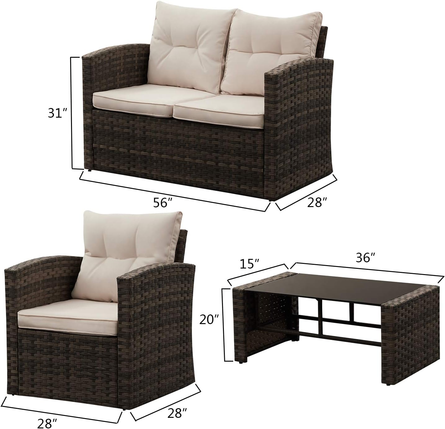 Brown Gradient Sofa Loveseat Chair Seating Group with Table, 8 Piece Outdoor Patio Furniture Conversation Sets All Weather PE Rattan Wicker Sectional- Beige Cushions