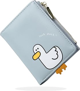 Süß Portemonnaie Damen, Bifold Leder Klein Geldbörse Damen mit RFID Schutz, Geldbeutel Mädchen mit Reißverschluss Münzbeutel (Ente Blaue)