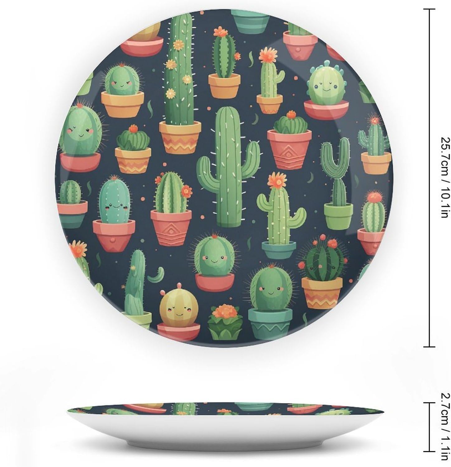 Cactus Seamless Illustration Ceramic Decorative Plate for Office Decor, Chinese Style Decorative Dish with Stand, Dinner Dish Decorative Plates for Wall Hanging Bone Collections Plates 10inch