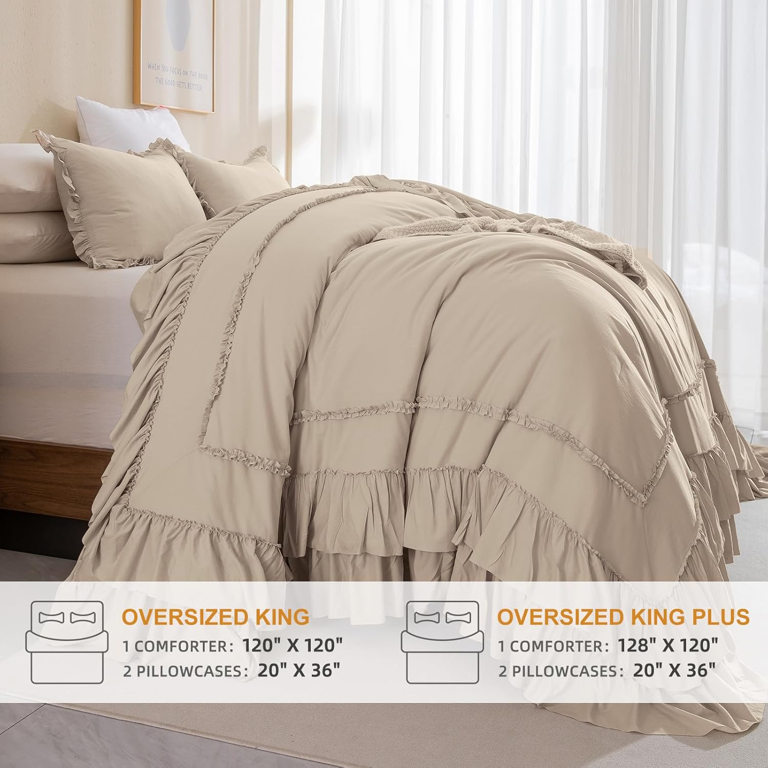 Masaca Oversized King Comforter 128x120,Farmhouse Shabby Boho Chic Ruffled Bedding Comforter Set,Extra Large King Size Ruffle Comforter Sets Vintage French Country Bedding Set Ultra Soft