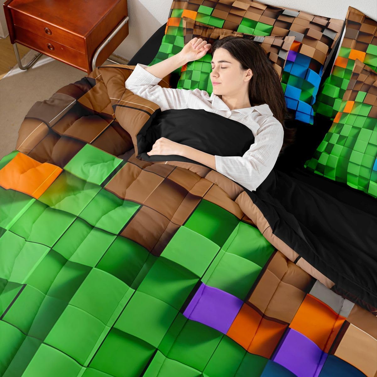 jejeloiu Pixelated Green Brown Blue 7 Piece Bedding Set Twin Size,Geometric Check Video Games Bed in a Bag for Boys Girls,Gamepad Grid Comforter Set with Sheets,Pillowcases & Cushion Cover Room Decor