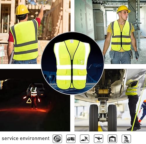 Miniatura 6 de WORCBGIO Chaleco de seguridad reflectante con bolsillos, tira plateada de alta visibilidad para hombres y mujeres (negro, XL)