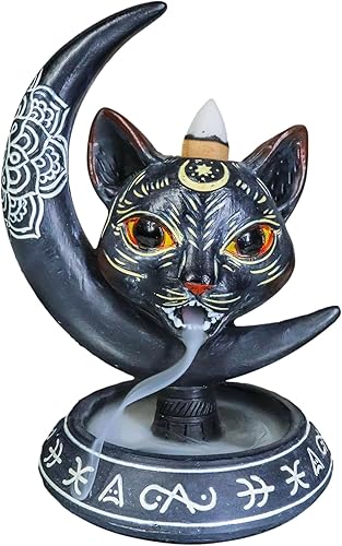 Ebros Gift Paranormal Oculto Ouija Geometría Sagrada Gato Negro con Luna Creciente y Mandala Chakra Flor Cono de reflujo Quemador de incienso con