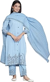 Libas Womens Woven Design Cotton Straight Kurta With Trousers and Dupatta