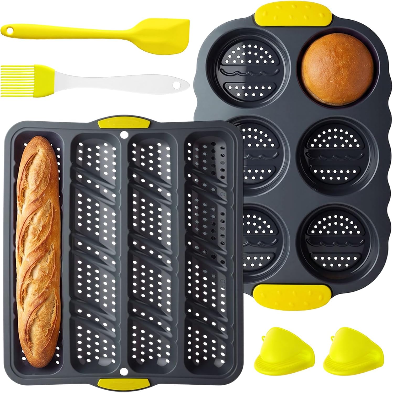 6-piece Silicone Bread Baking Set with Steel Frame Perforated Baguette Pan and Hamburger Bun Mold Non-stick Baking Mold with Spatula Brush Heat Resistant Mitts for Home Kitchen