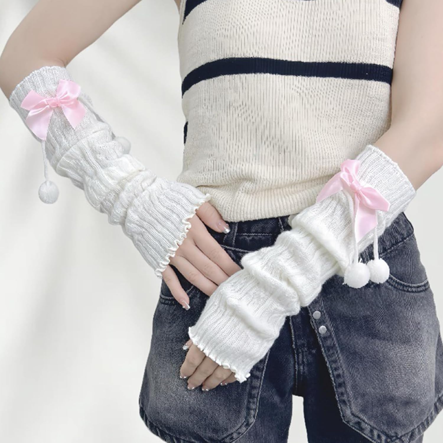 Knit Leg Warmers and Arm Warmers Set with Bows and Pom Poms, Kawaii Y2K Lolita Harajuku Accessories for Women