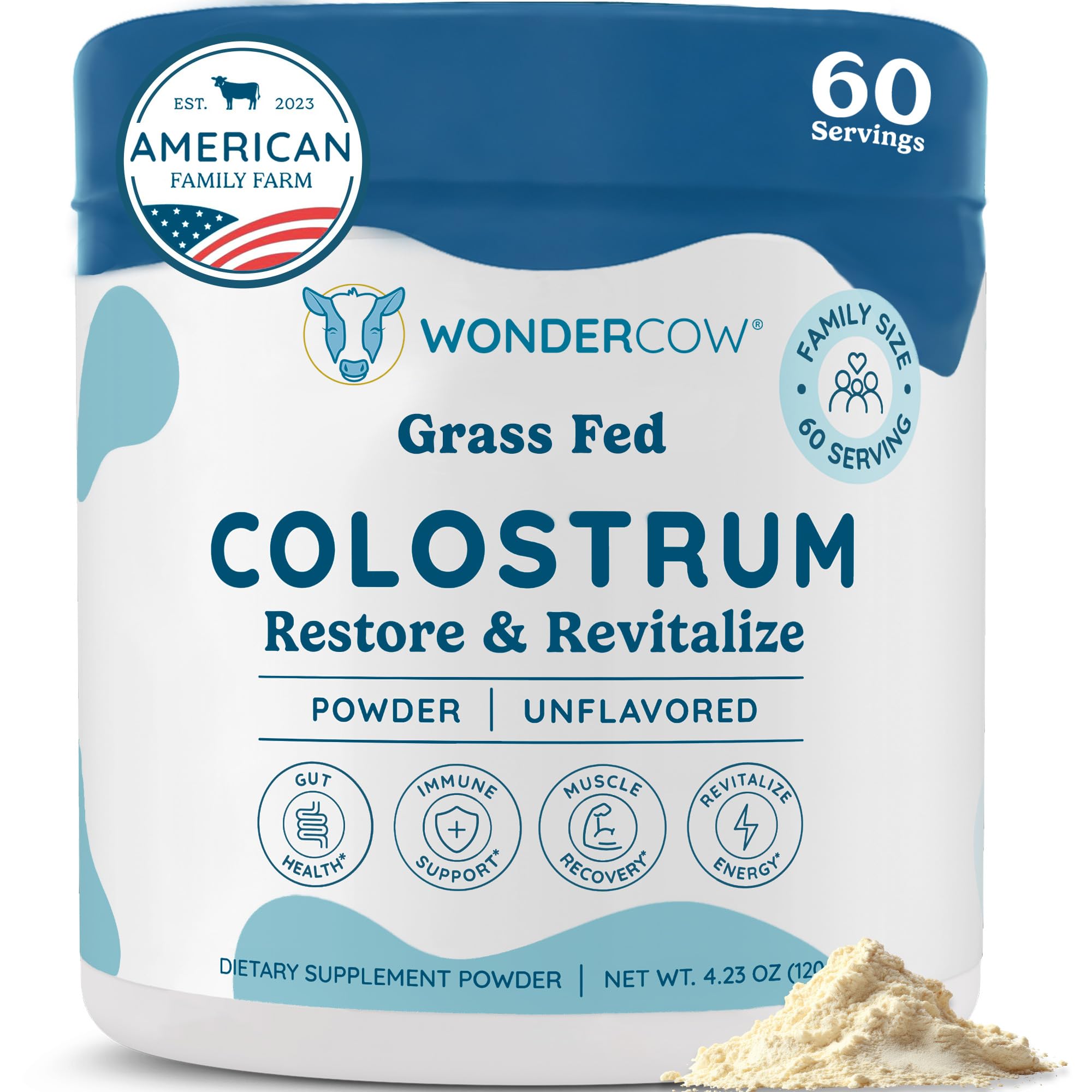 WONDERCOW Grass Fed Colostrum Supplement Powder for Gut Health, Immune Support & Wellness | Natural IgG Pure Whole Bovine Colostrum Superfood, Unflavored, 60 Servings