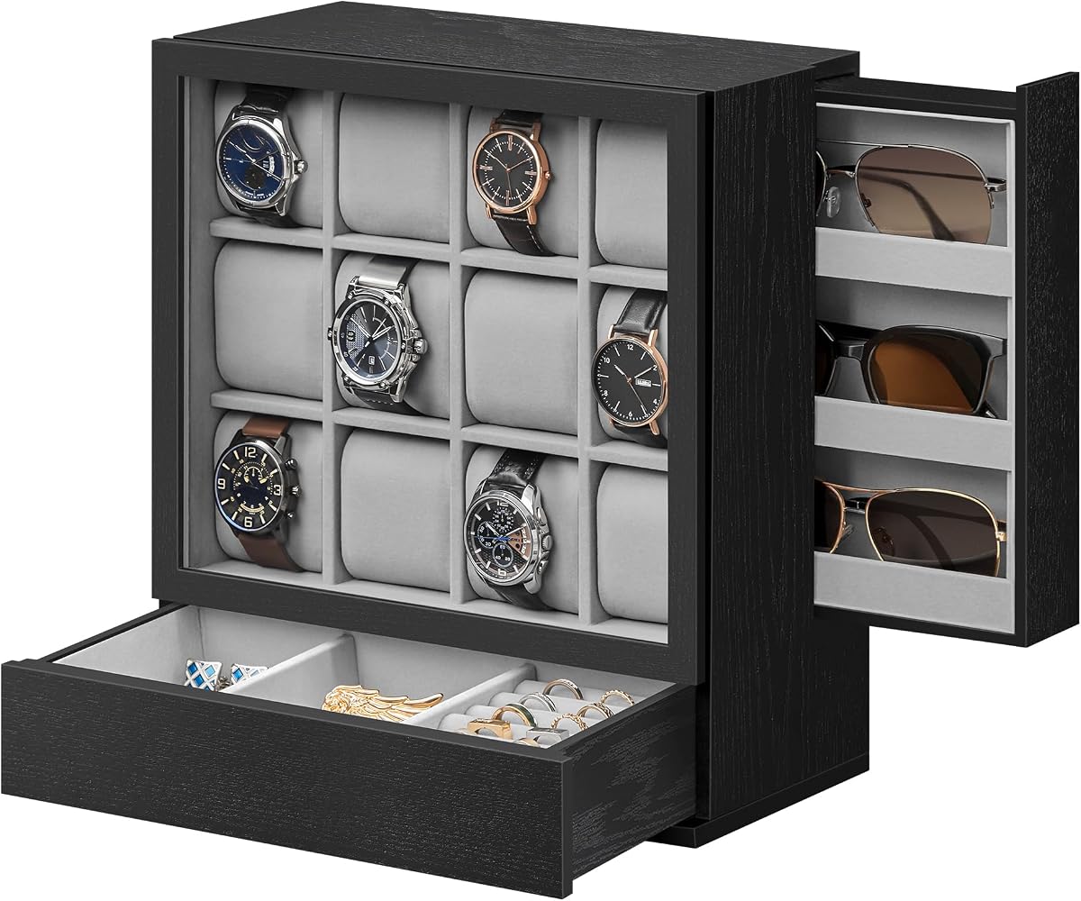SONGMICS Caja para Relojes Vitrina para Relojes de 12 Ranuras con Ventana | Chapa de madera maciza, forro de terciopelo, almacenamiento vertical, ahorro de espacio, idea de regalo, negro ébano, UJOW014B01