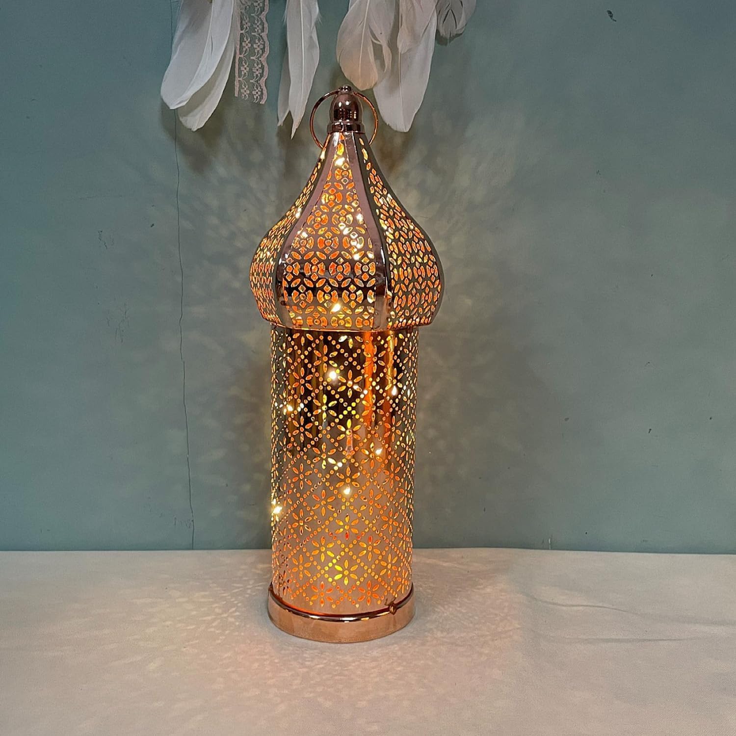 Jorunb Ramadan Lantern Led Eid Mubarak Lantern Ramadan Mubarak Lanterns Decorative Hanging Lantern for Indoor,Wedding,Party,Rose gold(Medium)