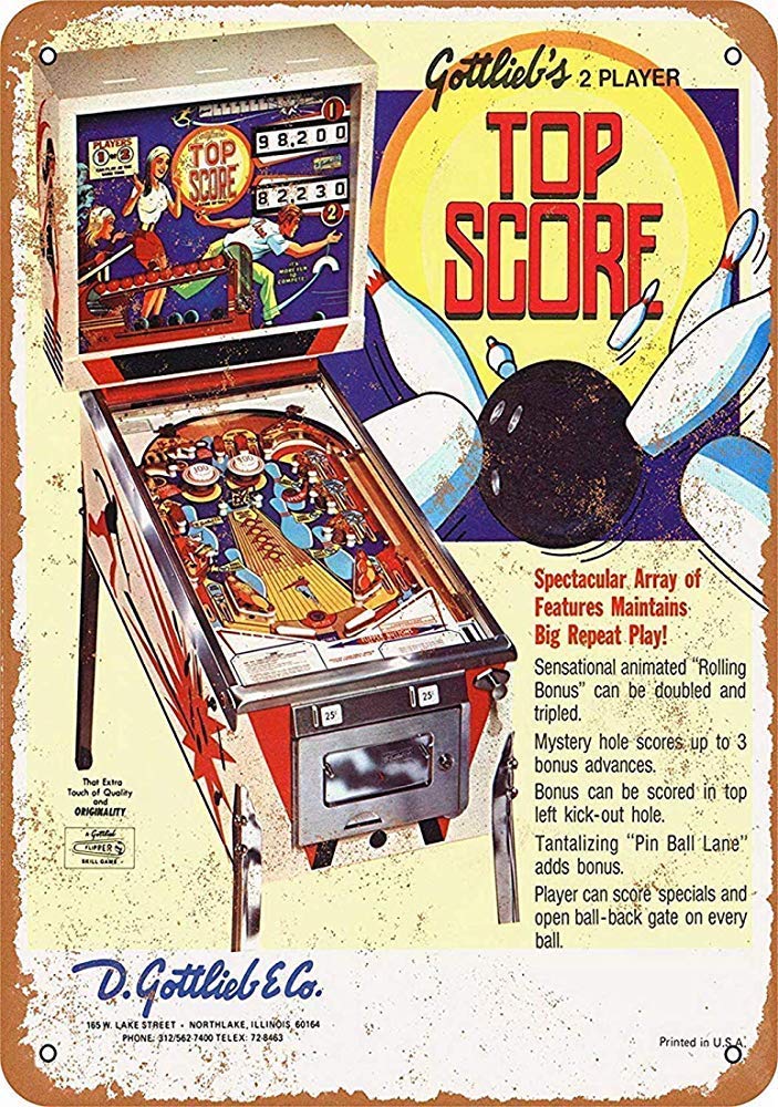 Biopracess Top Score Pinball Machine Outdoordoor Sign Outdoor Courtyard Decoration Sign 8x12 inch