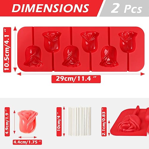 Miniatura 3 de Webake Moldes de silicona para paletas de rosas con 6 agujeros, moldes de silicona para dulces de chocolate con palos, 2 moldes de flores de rosa 3D