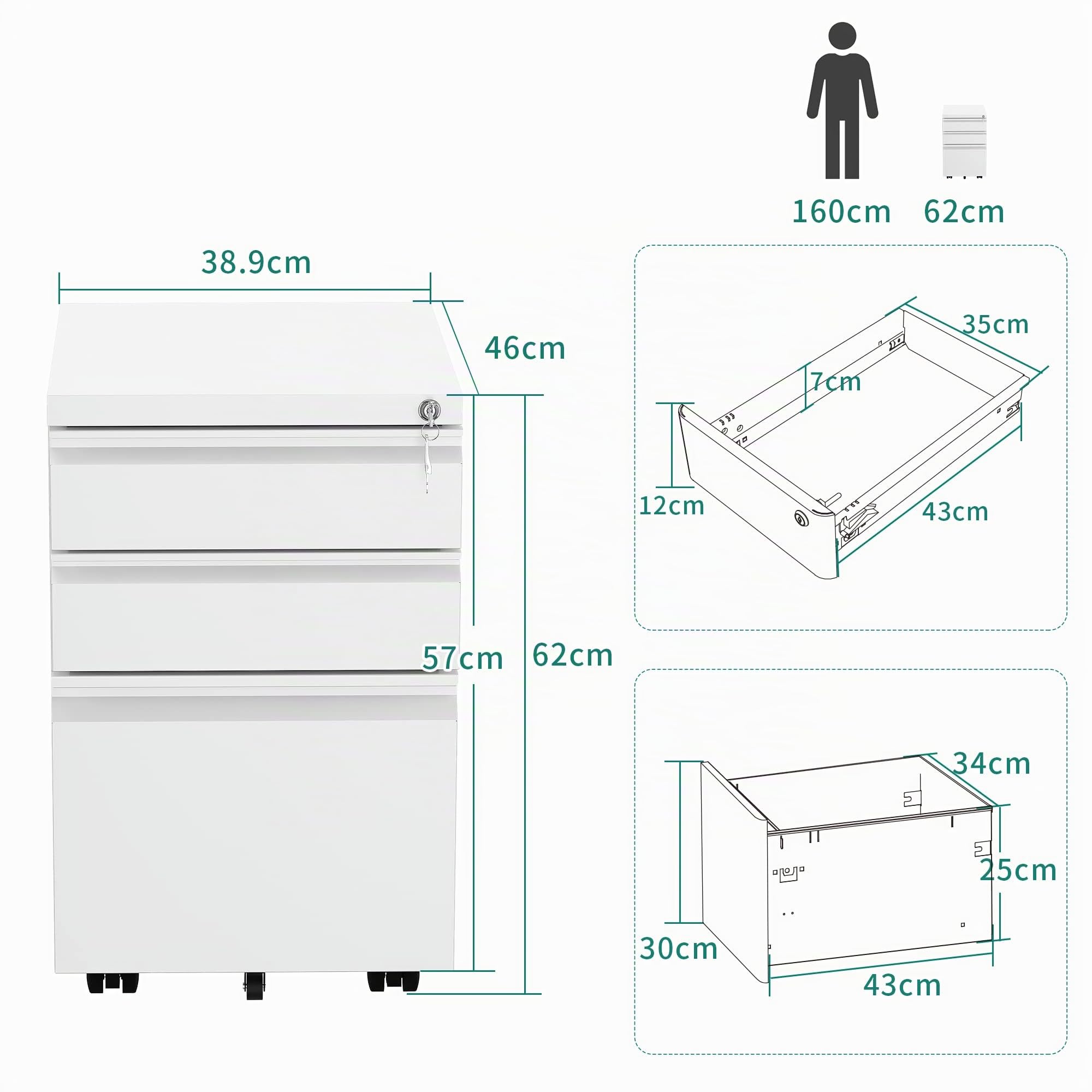 YITAHOME Armario Archivador Móvil, 3 Cajones Cajonera de Oficina con Ruedas, Metalico Mueble Oficina Archivador con Cerradura y Llave para Carta/A4, Blanco, 46 x 39 x 62cm