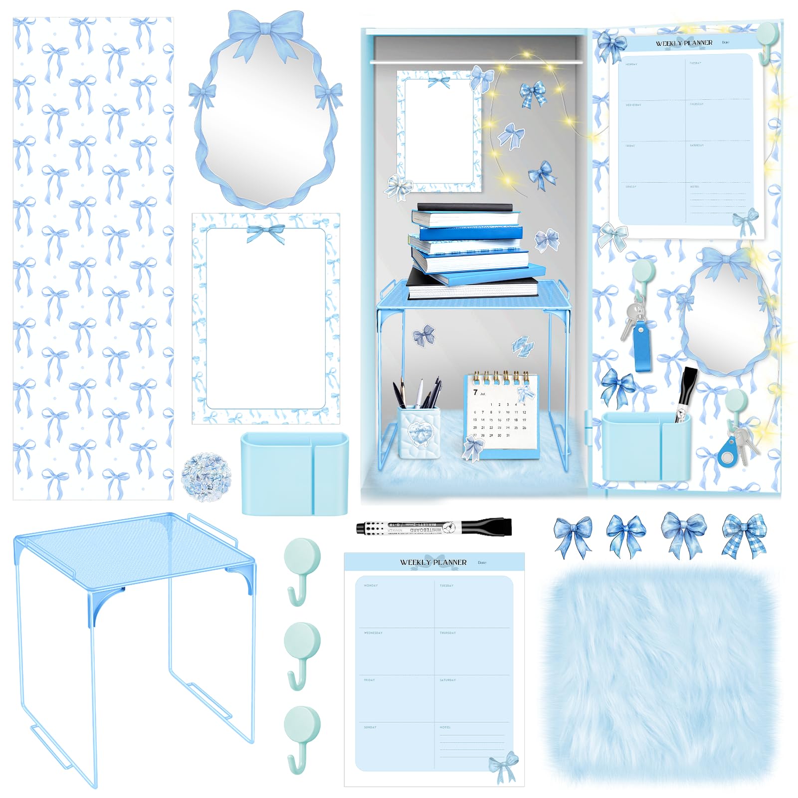 18 Pieces Blue Bow Locker Accessories Kit with Blue Bow Magnetic Wallpaper Wall Sticker Locker Shelf Coquette Mirror Bow Whiteboard Schedule Cute Locker Shelf for School Back to School Essentials