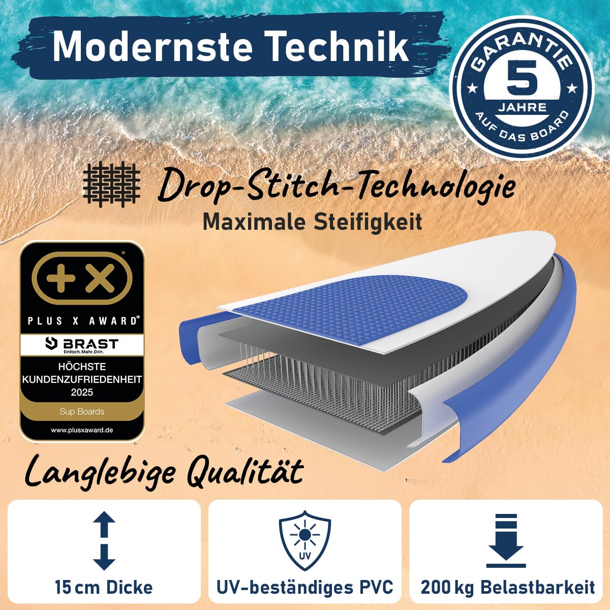 BRAST SUP Board Primo Summer | Aufblasbares Stand up Paddle Set | 320x81x15cm | 10 Designs | inkl. Zubehör | Alu Paddel Fußschlaufe Hub-Pumpe Reparatur-Kit