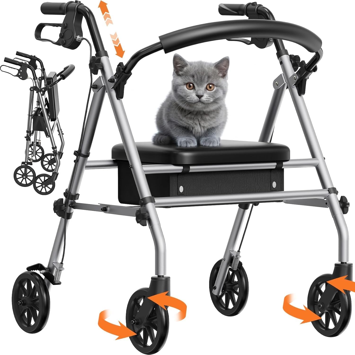 Faltrollator mit Sitz – stabiler 4-Rad-Gehwagen für Senioren & Gehbehinderte, Silbergrau