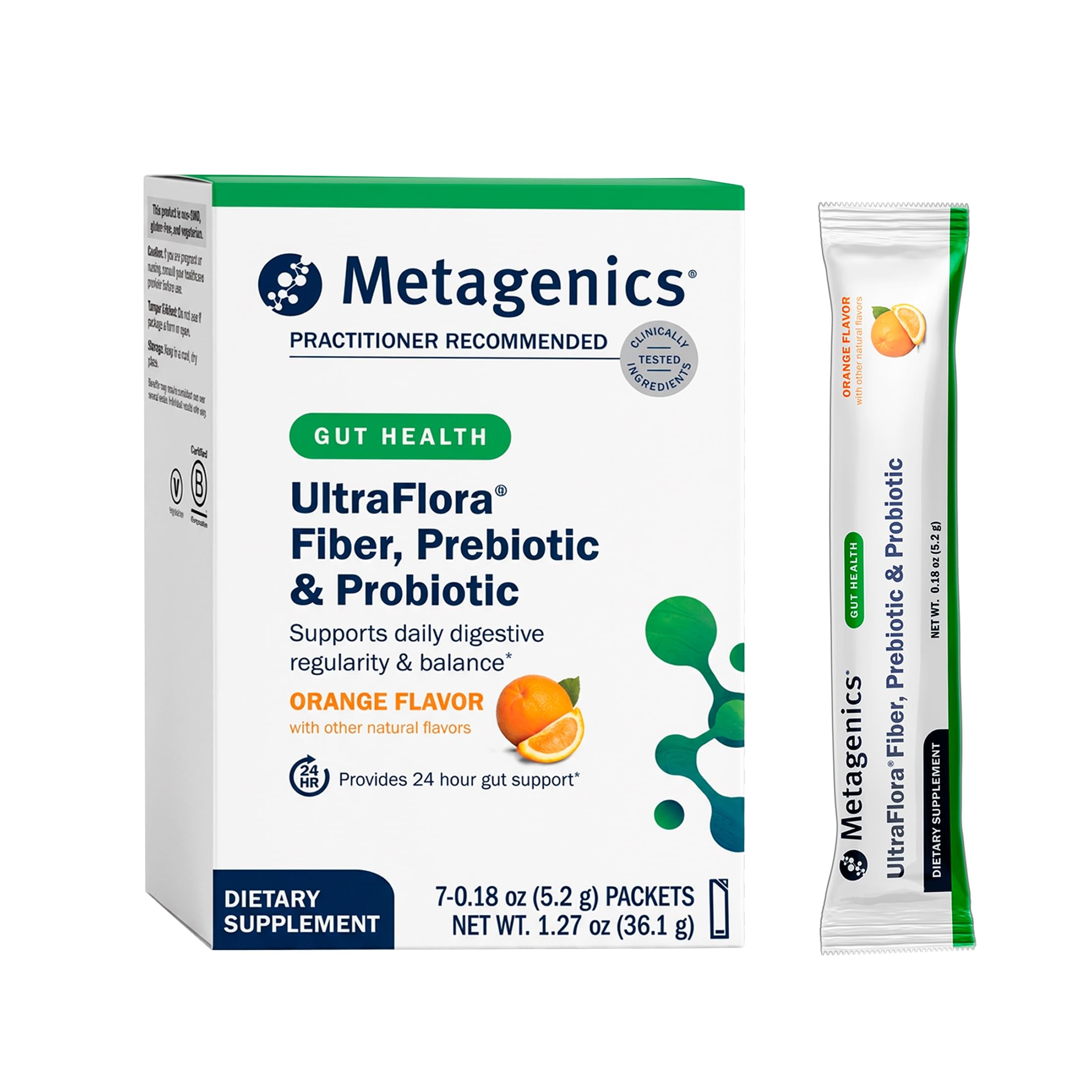 Metagenics Suplemento prebiótico com fibras e probióticos sabor laranja, 7 sachês