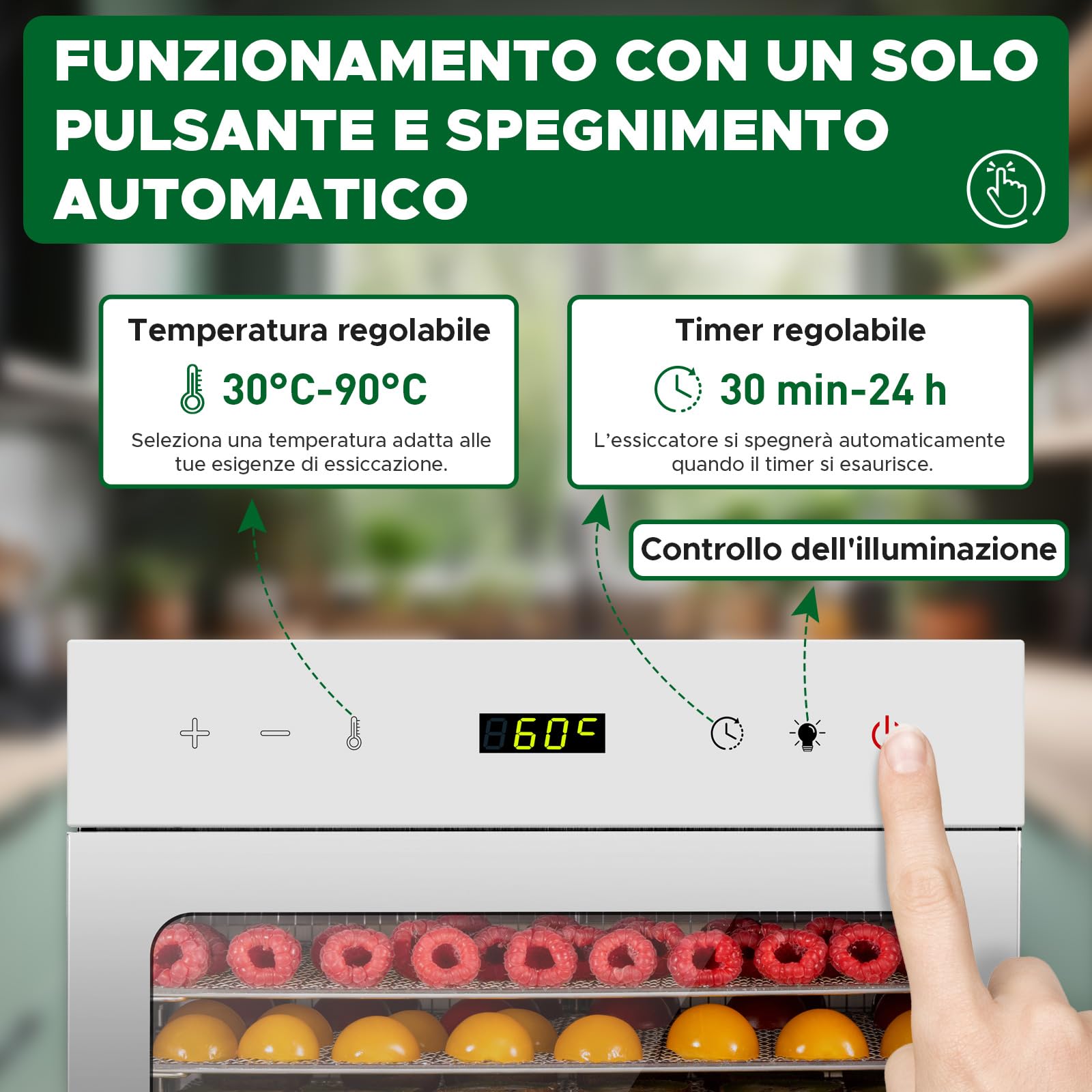 Kwasyo Essiccatore Alimentare Professionale in Acciaio Inox, 8 Vassi, 67 Ricette,di Temperatura da 30 a 90℃, Funzione Timer fino a 24 ore, Senza BPA, Disidratatore per Frutta, Carne, Verdure, Erbe