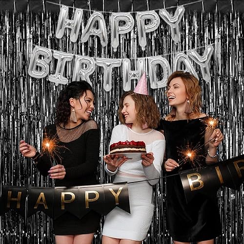 Miniatura 2 de Paquete de 3 cortinas de fondo de oropel negro con flecos de papel de aluminio, decoraciones de fiesta de San Valentín, decoración de fiesta de mago