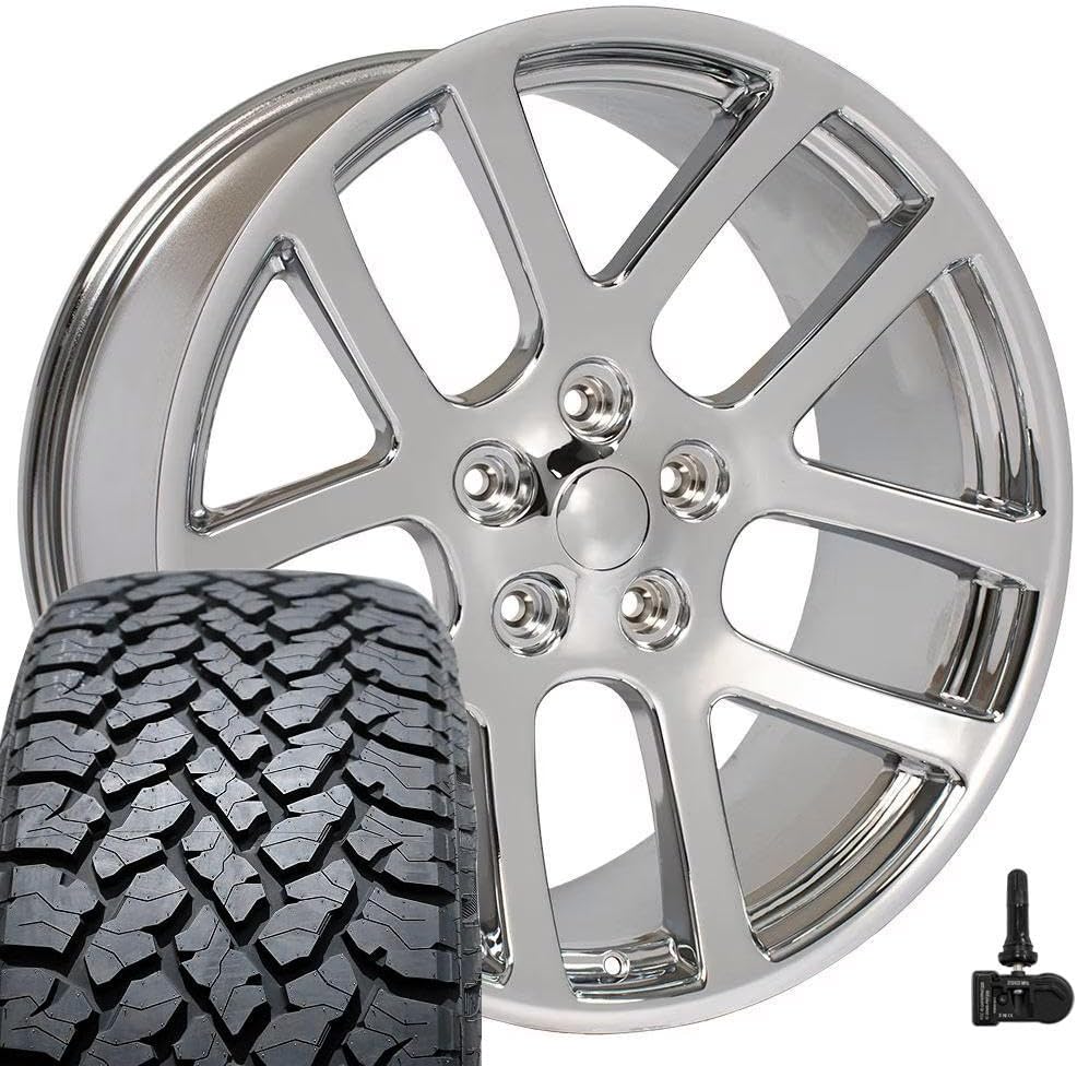 OE Wheels DG51 22 Inch Rims and Tires Fit Ram SRT Style 5x139.7 22x10 Chrome - Hollander 2223 - TS-37 AT 285/45-22 (Set of 4)