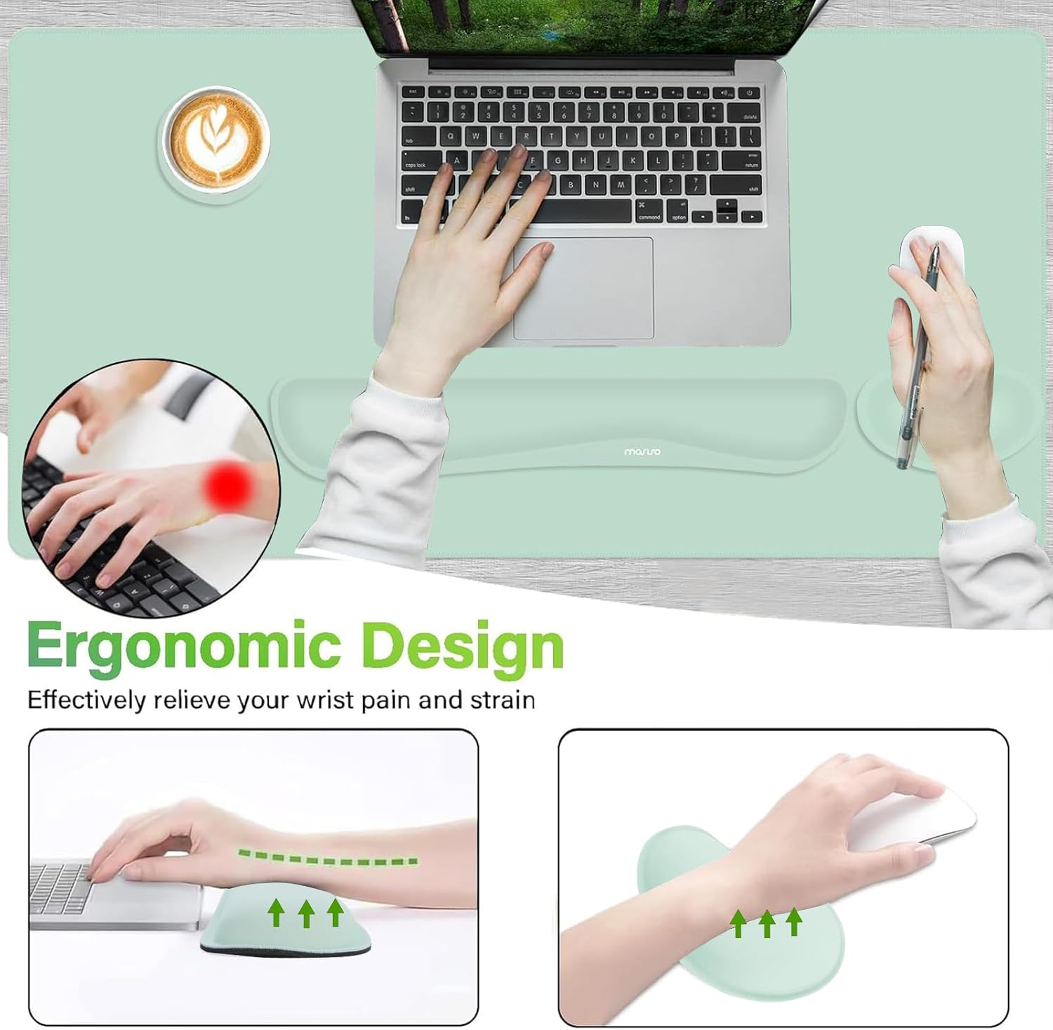 MOSISO Keyboard Mouse Pad Set, Large Gaming Mousepad&Keyboard Wrist Rest&Wrist Rest for Mouse&Coaster Set, Ergonomic Non-Slip Mousepad&Easy Typing Cushion with Memory Foam for Home Office, Mint Green