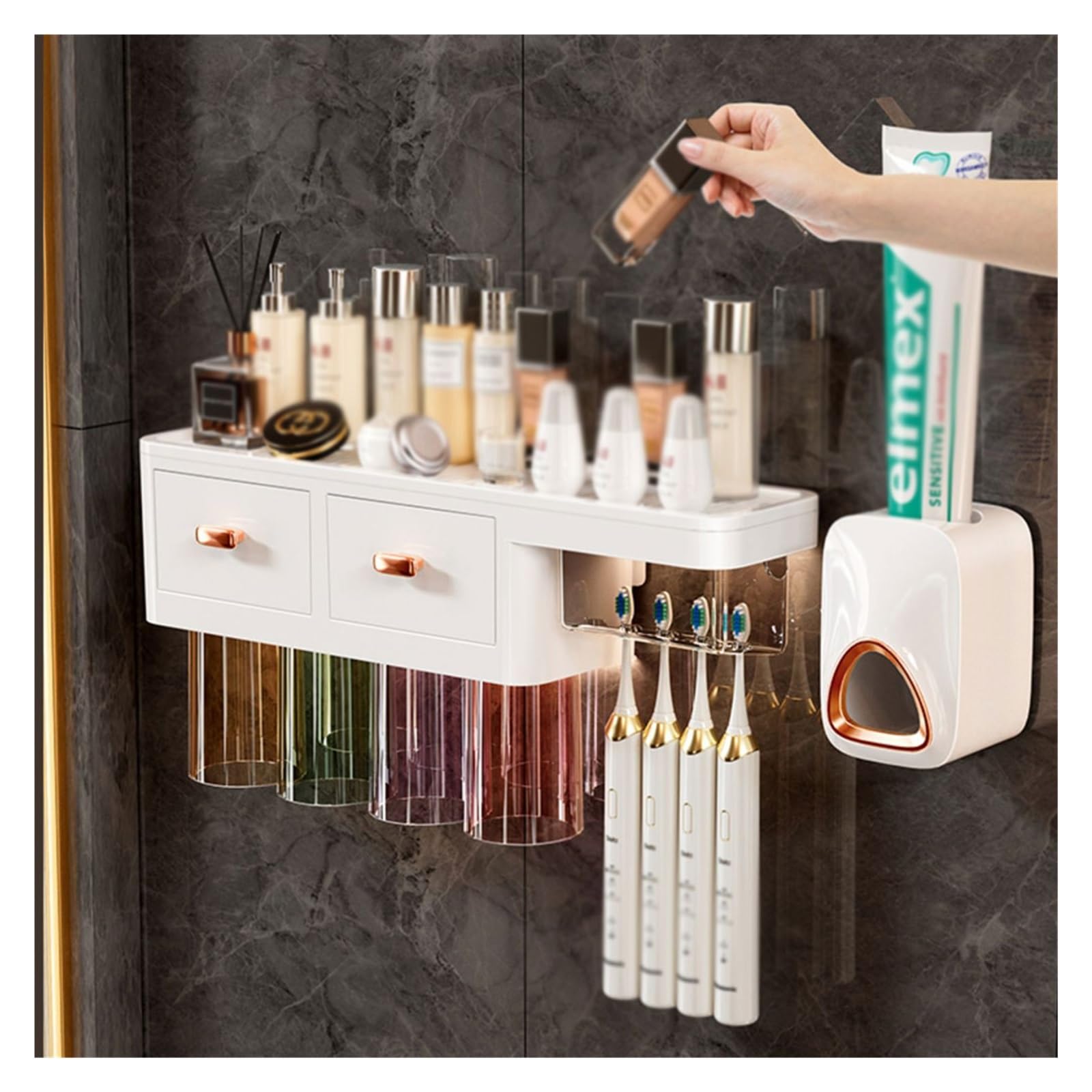 Soporte para cepillos de Dientes Soporte magnético para cepillos de Dientes para baño Soporte para cepillos de Dientes montado en la Pared Blanco con Estante de Almacenamiento(A L41.5cm)