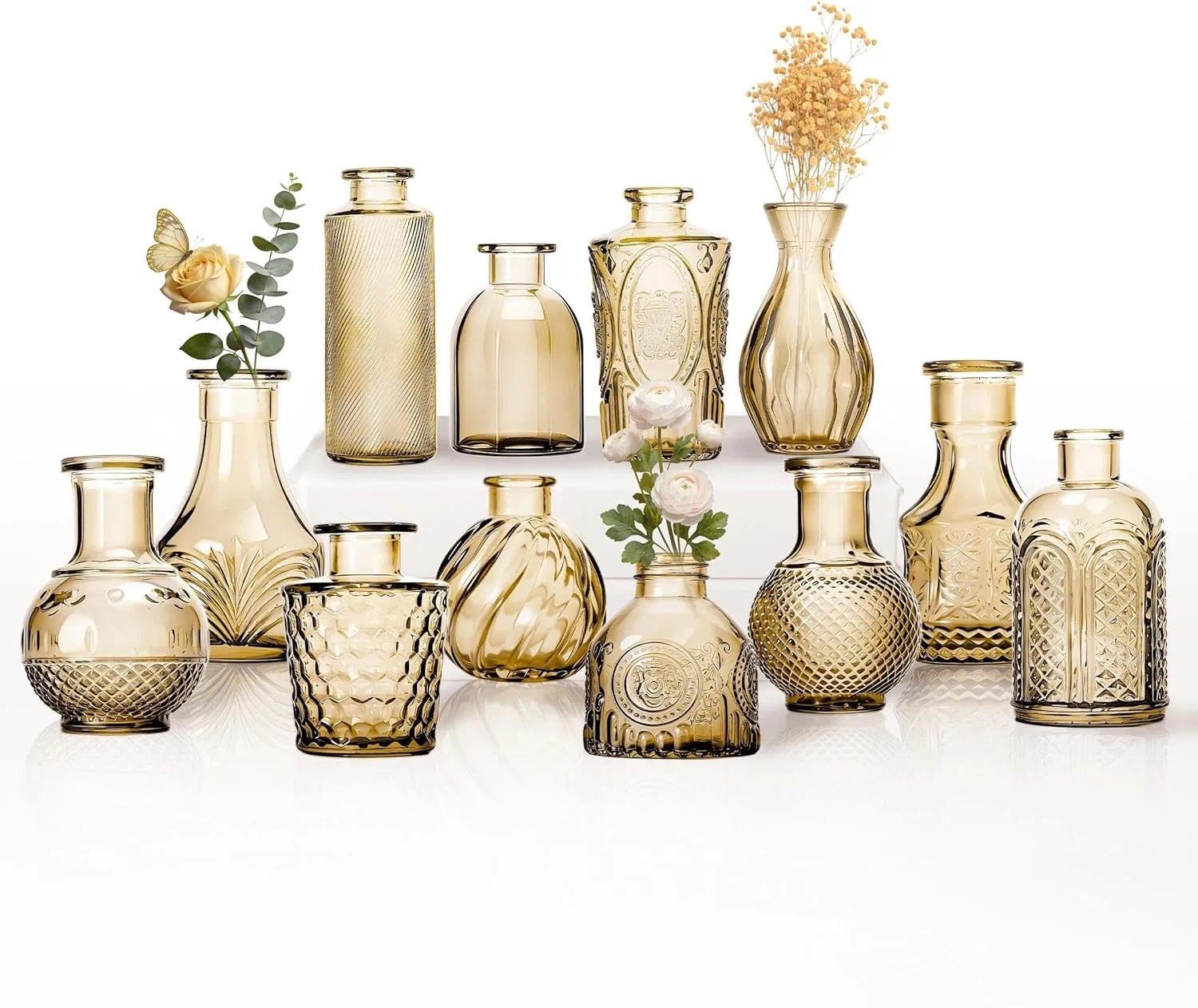 Sawoake Glass Bud Vase Set, Golden, 12 PCS, Vintage Style with Structure Pattern, for Flowers and Home Decoration (Golden, 12 PCS)