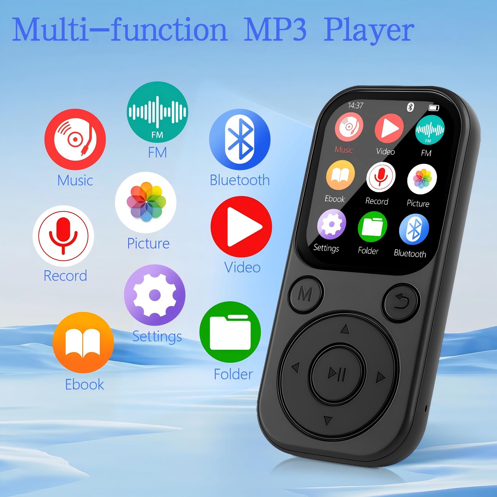 MP3 Player mit Bluetooth 5.3, Tragbarer Musikplayer mit 64GB Speicherkarte, FM Radio, Sprachaufnahme, HiFi Sound, MP3 & MP4 Player, Kinder MP3 Player, Kopfhörer inklusive, Unterstützt bis zu 128GB