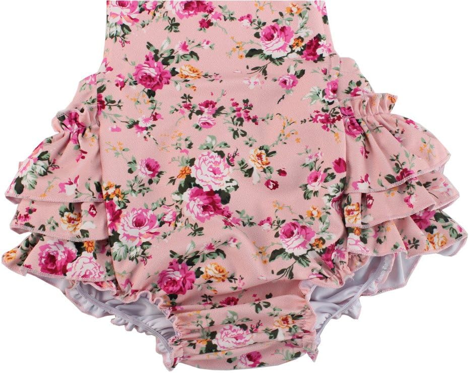 China Rose 50's Floral Ruffles Rompers Backless Dress Bathing Suit Swimwear