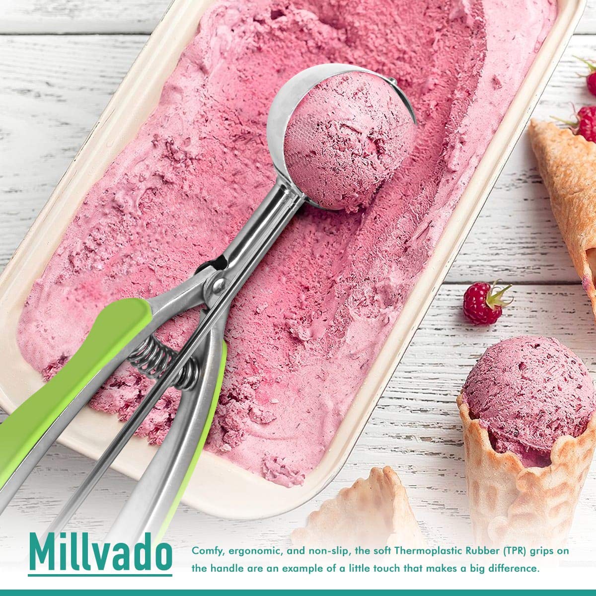 Millvado Eis- und Keksschaufel aus Edelstahl, mit grünen Gummigriffen, federbelasteter Hebel, für Sorbet, Melone, Fleischbällchen, Muffins und mehr, inkl. 28 g, 60 g, 85 ml Schaufel
