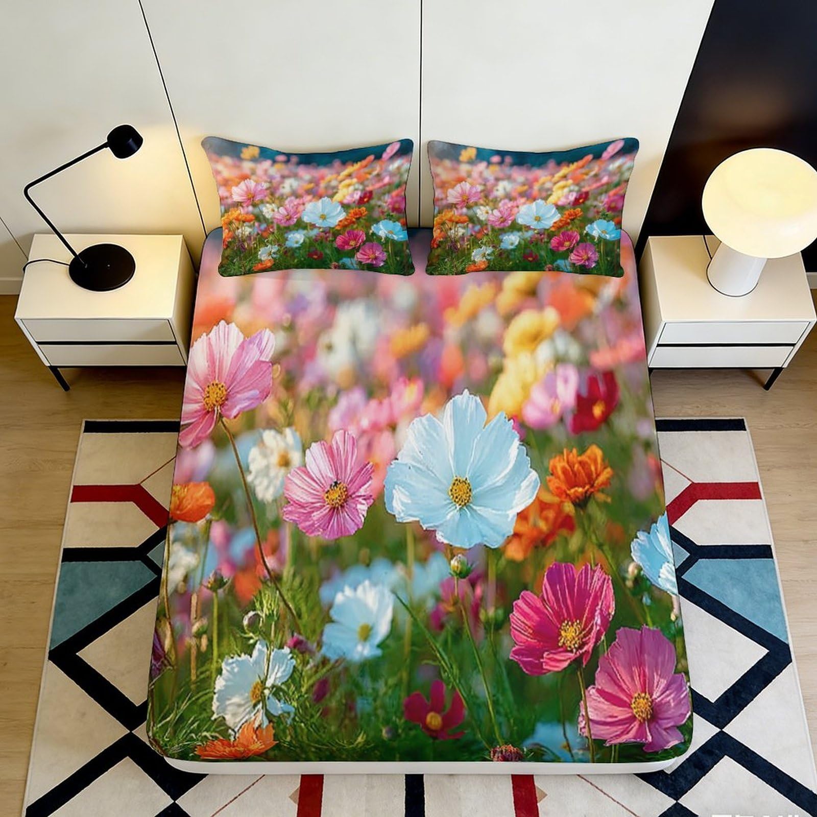 Pnayamiorkfel Style-2 3D Printed Wildflower Meadow Fitted Sheet Microfiber Soft Multicolor Floral Field Mattress Cover For Bedroom Guest Room Decor 90X200x25cm