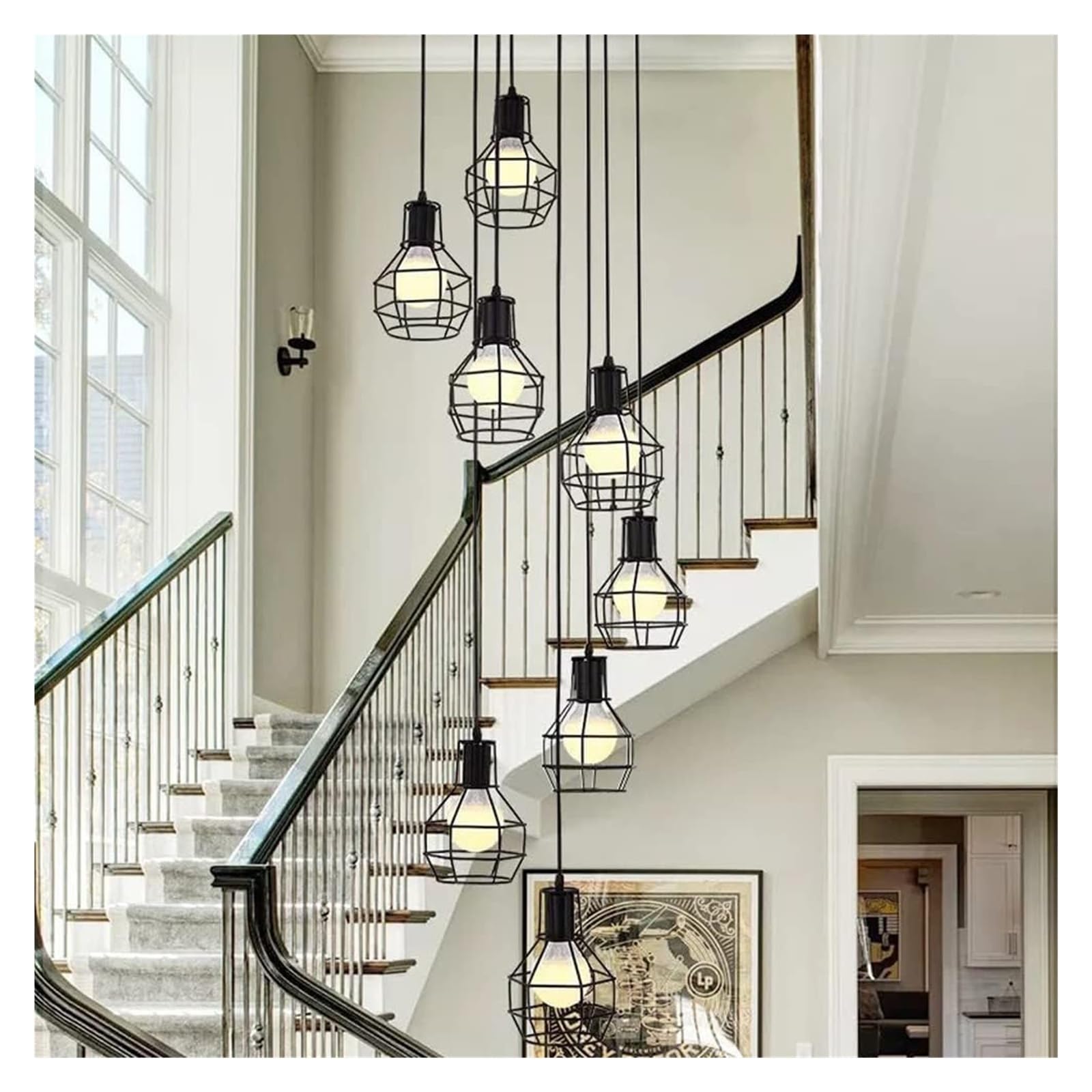 Żyrandole w stylu vintage industrialnym, lampa wisząca z kopułą, wysoki sufit, abażur w kształcie klatki dla ptaków, lampa sufitowa, długi żyrandol wiszący do przedpokoju, klatki s