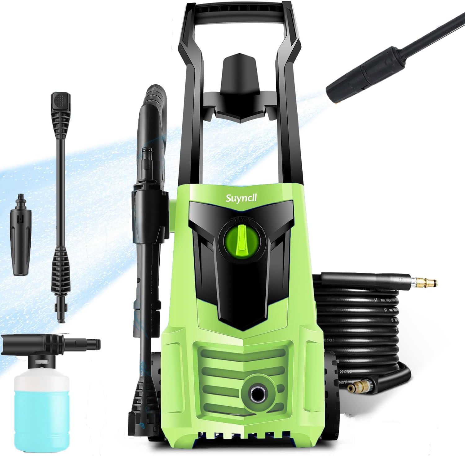 Suyncll Electric Pressure Washer 2.0GPM, Power Washer with 500ml Foam Cannon, All-in-One Adjustable Nozzle, Best for Car/Patio/Garden Cleaning(Green)