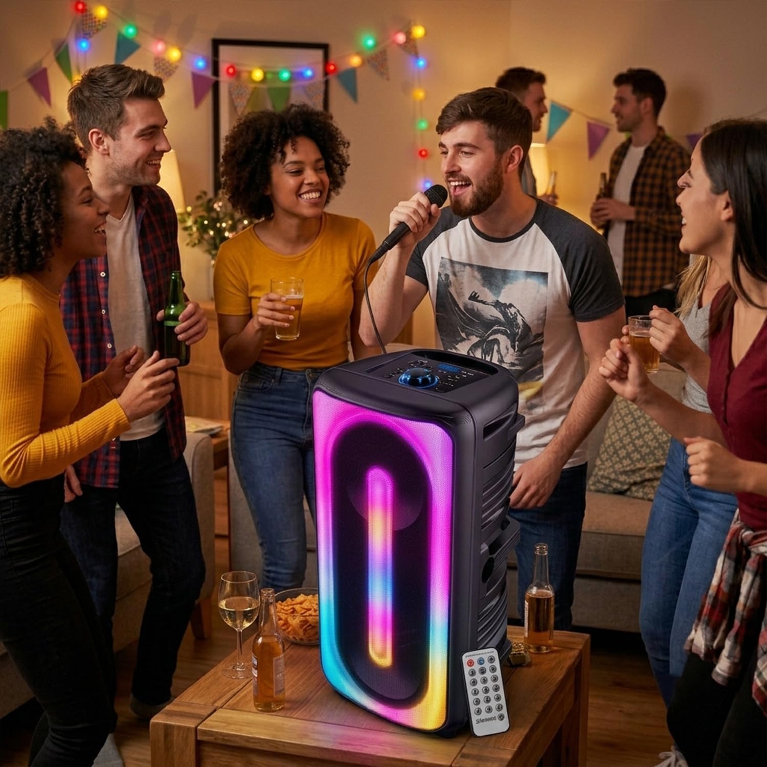 Pickering Enceinte Sono DJ Autonome 300W Bluetooth 5.0 Amplifiée TWS Rechargeable LED Microphone USB MicroSD Noir, Jeux OVNI LED