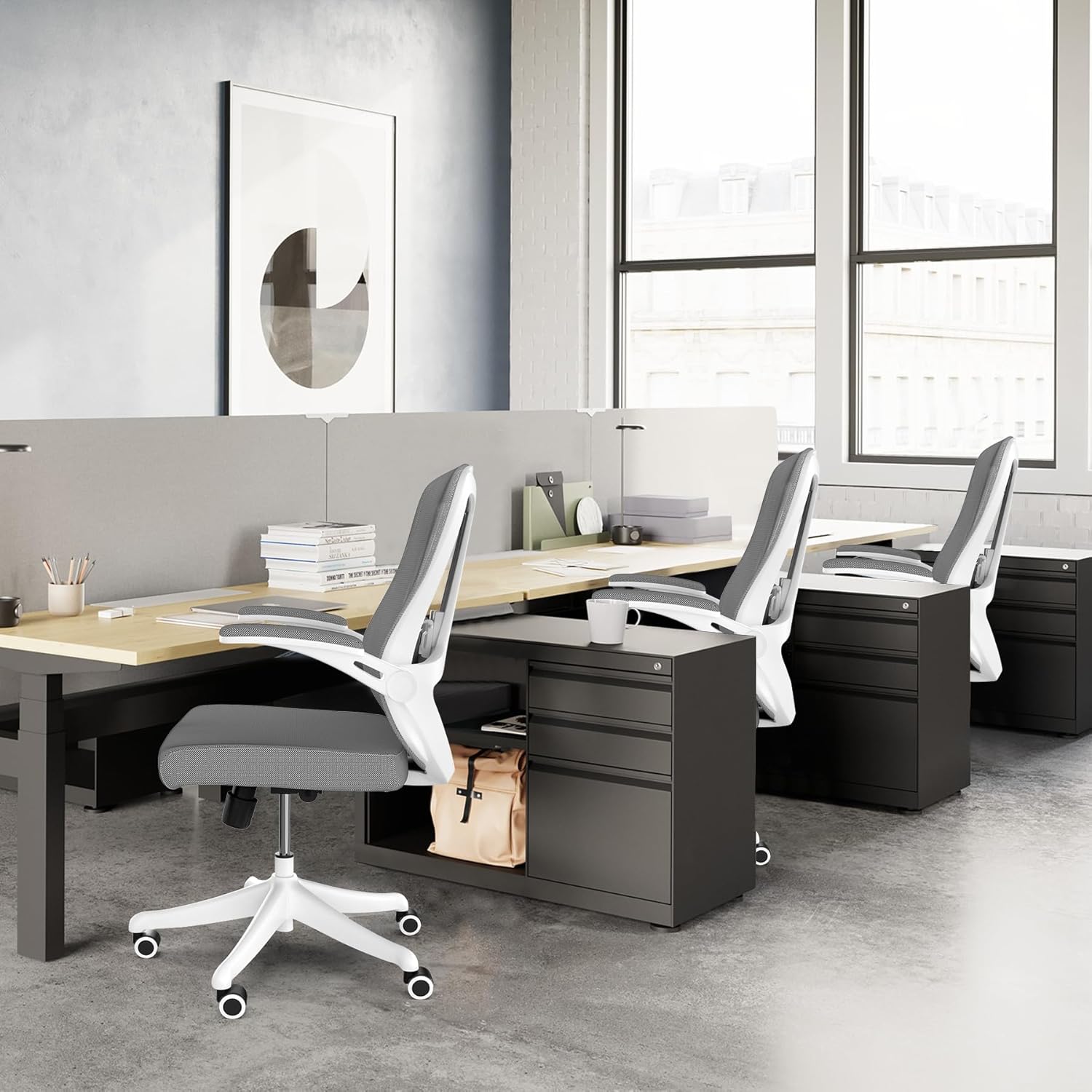 350 LBS Ergonomic Office Computer Mesh Chair - Adjustable Height Rolling Desk Chair with Flip-Up Armrests & High Back Support - Comfortable Swivel Task Chair for Home Office (02GREY)