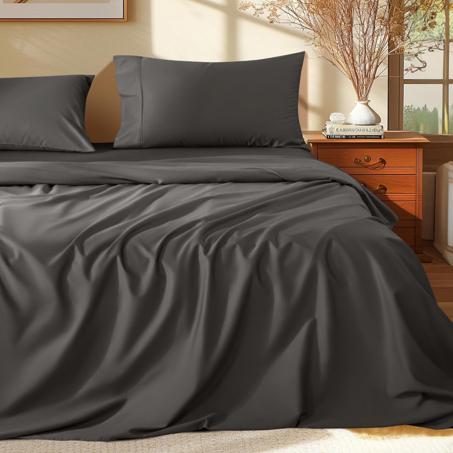 Shilucheng 100% Cotton Sheets, 4 Pieces Sheet Set, Breathable Cooling Bed Sheets with Deep Pocket Up to 16", Bedding Sheets & Pillowcases (King,White) — view 10