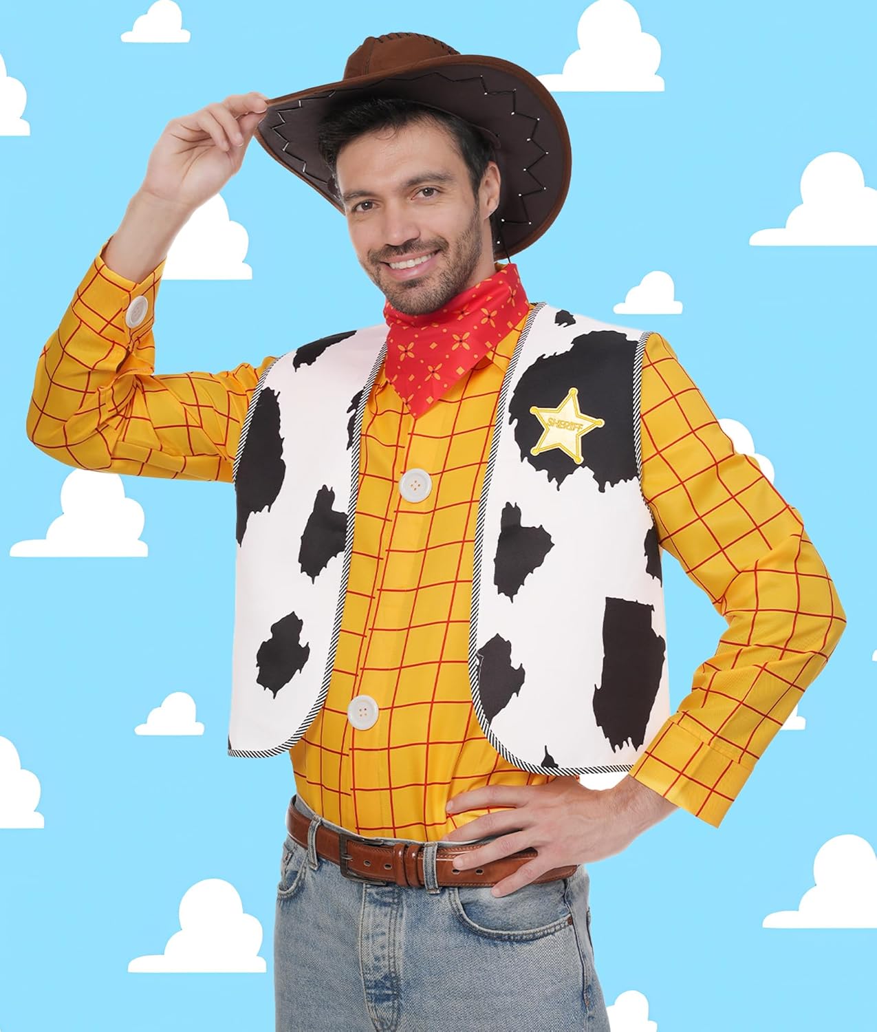 Cowboy Costume Include Tartan Long Sleeve Casual Shirt Button down Vest Red Scarf for Halloween Costume Cosplay