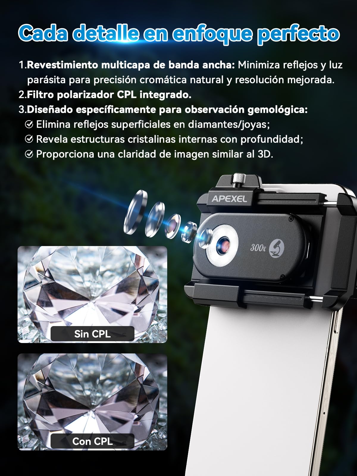 APEXEL Microscopio Portátil 300X para Smartphone - Explora el Micro Mundo