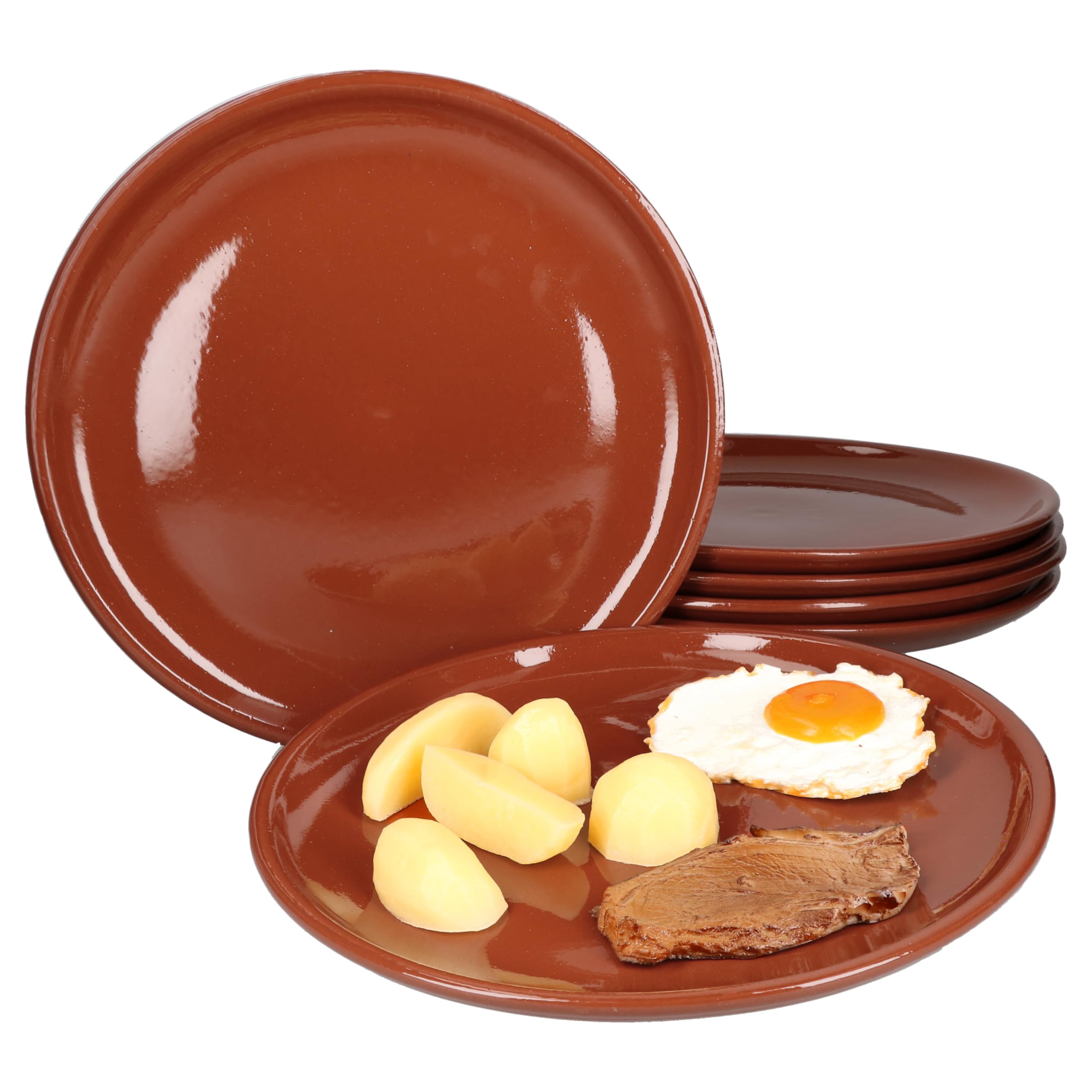 MamboCat Set 6 piatti piani in terracotta Ø 28,5 cm 6 persone Piastra per bistecca Piastra per grigliare Piastra di servizio Mediterranea smaltata Pezzo unico fatto a mano Mercato medievale