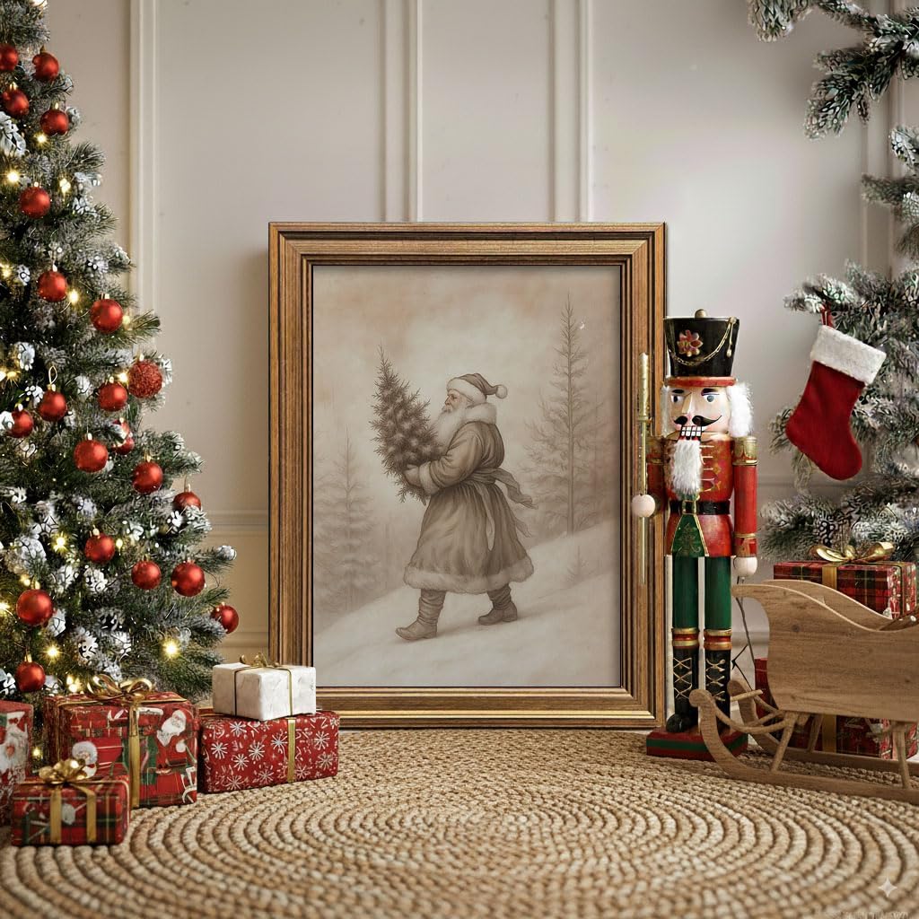 Vintage Christmas Decor Farmhouse Wall Art Gold Framed Rustic Winter Landscape Santa Pictures Painting for Home Living Room Decor (Santa, 20L" x 16W")